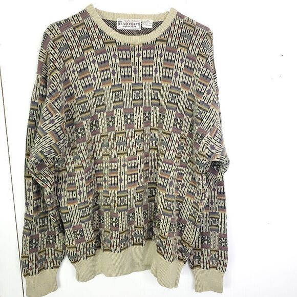 Vintage Sweater Mens XL Dads Chunky Grunge Heavy Cotton 80s 90s Artsy Geometric - Picture 1 of 8